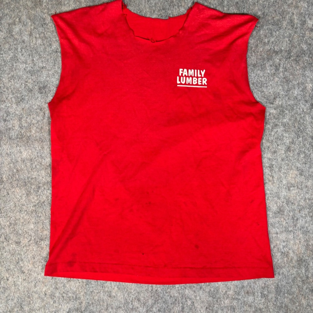 Family Lumber NY Muscle Tee Mens‎ XL Red Fair Distressed DIY Graphic Shirt